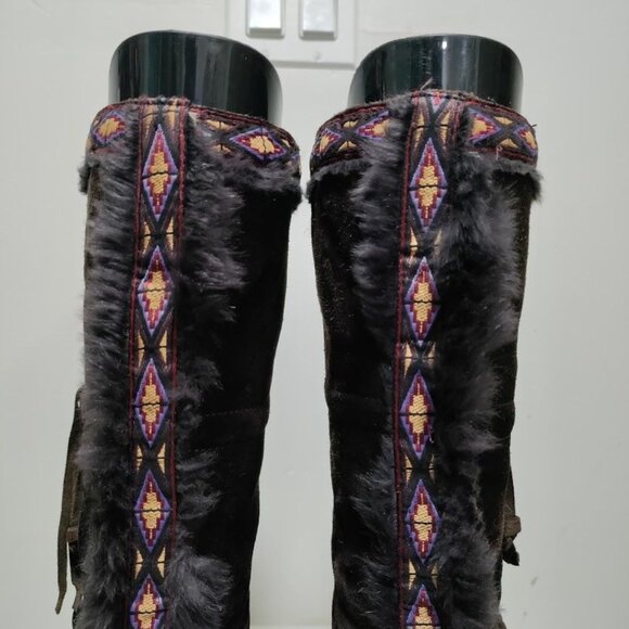 Jimmy Choo Suede Festival Rabbit Fur Boho Aztec Trim Boots Chocolate Women's 9 - Picture 10 of 16